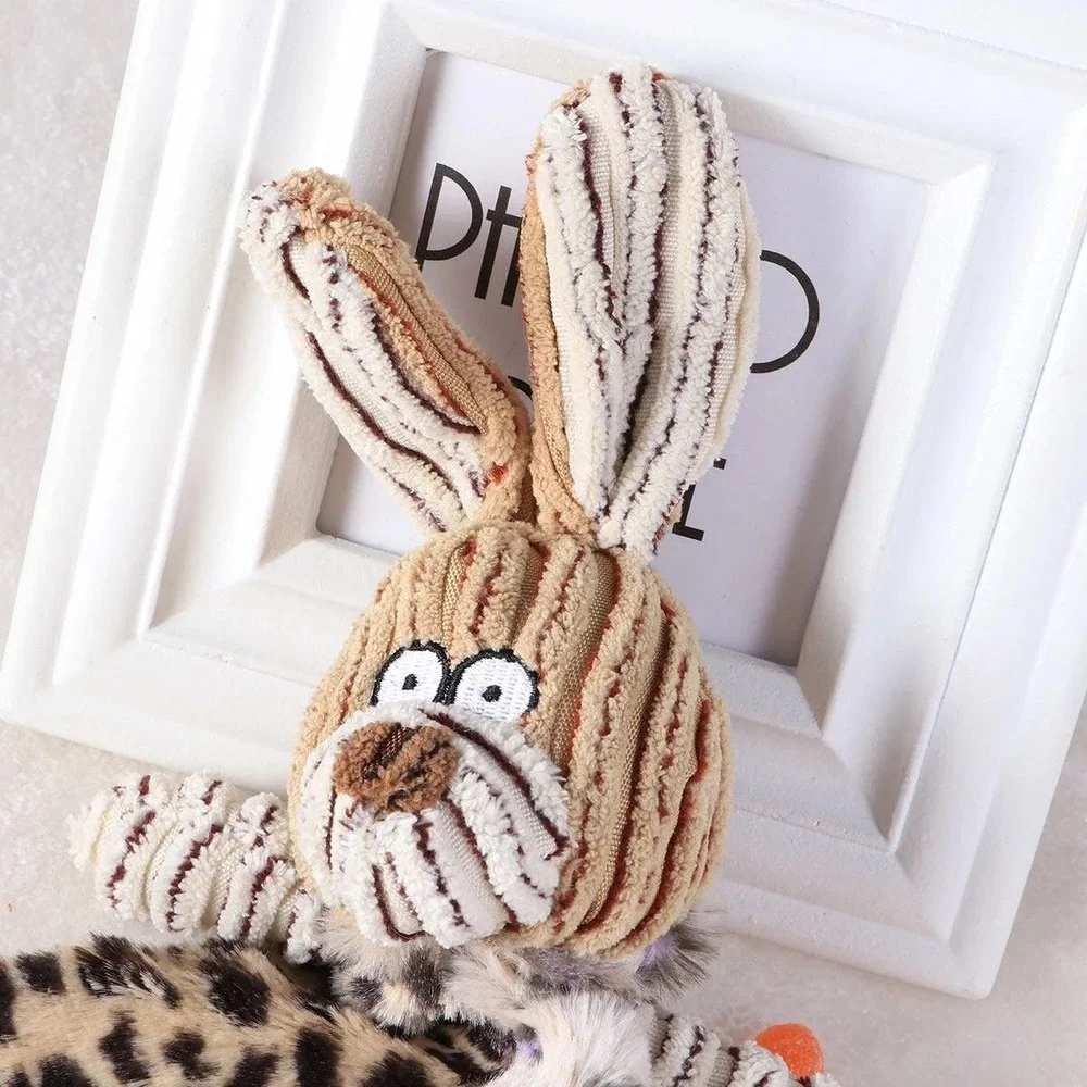 Squeaky Dog Toy Rabbit Plush Leopard Print Corduroy Molar Chew Toy for Pets